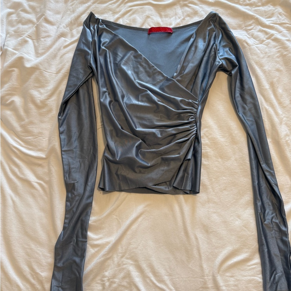 Chic Metallic Gray Wrap Blouse - image 1